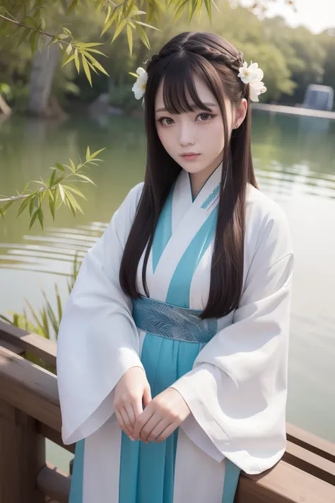 bamboo, (In a lake), Masterpiece, Best quality, absurd details, 1girll，（hanfu）Detailed face, Detailed eyes, detailed hairs, Detailed, Extremely detailed, A high resolution, 8K, hyper HD, Ray tracing,  (full bodyesbian)