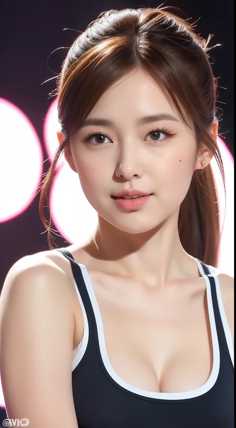 realistic photos of 1 cute Korean star, light brown hair, short ponytail, white skin, thin makeup, 32 inch breasts size, wearing cartoon character pattern camisole tank top, pants, on the stage, close-up portrait, UHD