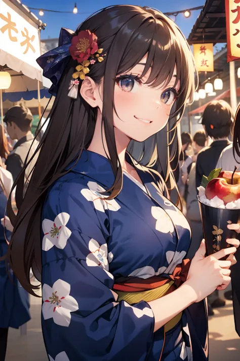 top-quality、Full limbs、complete fingers、Slender beauty、straight haired、Brown hair、Longhaire、(navy blue yukata:1.3)、floral Yukata、Summer Festivals、It is crowded with many people、Lined with food stalls、Beautiful Large Breasts、A big smile、I have apple candy、s...