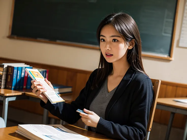 a teacher holding a book sitting among students, telling story, anatomically correct, super detailed, best quality, masterpiece