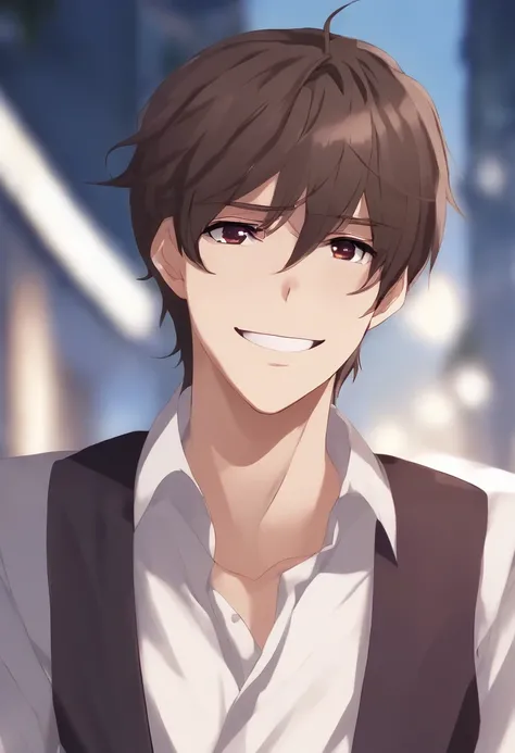 Menino anime com cabelo loiro longo e gravata cor de vinho em uma camisa branca, visual anime de um menino bonito, menino anime loira com cabelo longo, sorriso alegre, visual anime de um jovem de 17 anos, extremamente bonito rosto de menino anime, anime me...