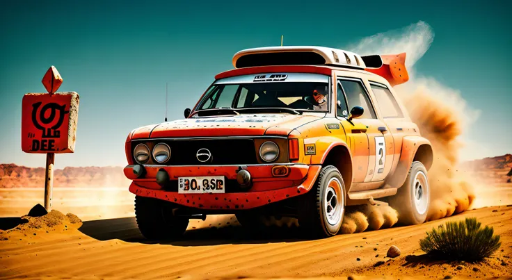 Rally car with eyes, mouth and nose in salt desert