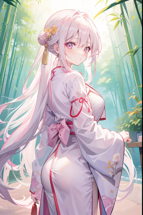 Anime girl, tied-up long white hair, wearing a beautiful pastel pink chinese robe, with a scenic background of bamboo, beautiful light pink eyes, facing to the side away from camera/viewer, mature look, fair skin, 8k, high resolution