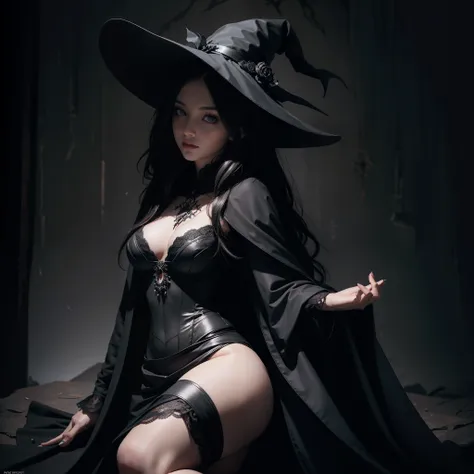 Chiaroscuro, masutepiece, Super Detail, High quality, awardwinning, 8K, girl, Solo, beautiful witch, Black Mysterious Costume, black robes, Black skirt, Black Witchs Hat, Portrait Style, In the basement of a dark old castle, Gothic interior, Spider Web Spr...