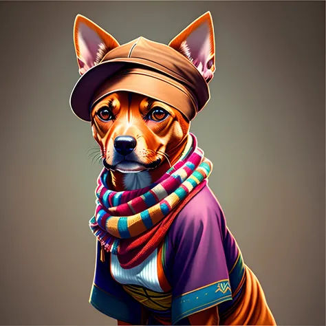 Image of a brave female Pinscher dog with hat and scarf, Art Station Trend, vestido com roupas punk feminina, hyper realistic detailed rendering, membro de gangue do brasil, Estilo urbano, Pose intimidadora, planeta dos gatos, roupas da moda, Samurai Urban...