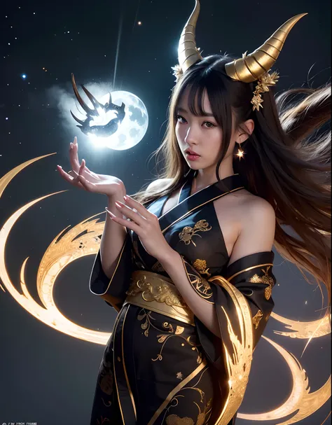 ((World of Darkness)),Professional , ​masterpiece、top-quality、photos realistic , depth of fields 、Dark Fantasy、（a beauty girl）、（shooting stars：0.9）、（nebulas：1.3）、A dark-haired、（White bikini armor)、（Mystical expression）、（The fox has five tails）（（Fight drago...