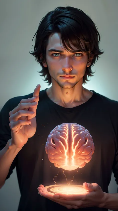 Generate an image of a guy, with a look of fascination, holding a lifelike replica of the human brain.