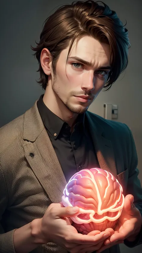 Generate an image of a guy, with a look of fascination, holding a lifelike replica of the human brain.