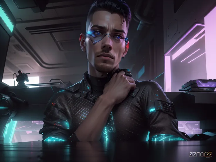 Change background cyberpunk technology handsome boy hyperrealistik 8k image cyborg dress and hand