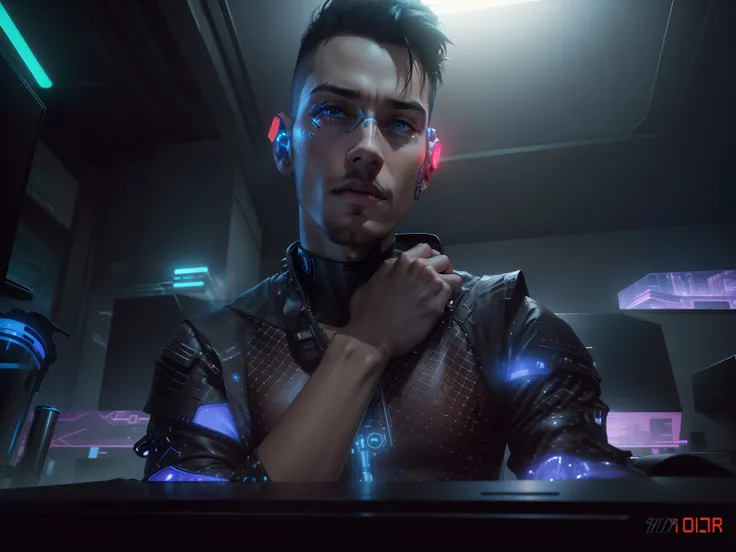 Change background cyberpunk technology handsome boy hyperrealistik 8k image cyborg dress and hand