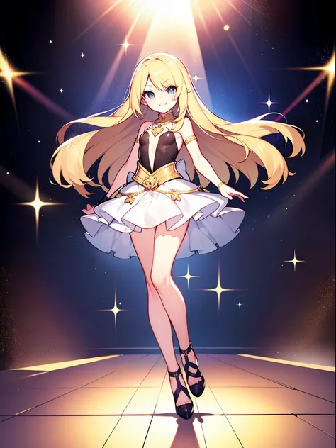 Modest, Shy, Cute, smart, blonde 17 years old,  straight long hair to the middle of the back; Nice friendly look, large grey eyes, long eyelashes;  shapely body, Almost flat chest; narrow hips; actress, on the stage, Comedy, farce, humorous monologue, paro...