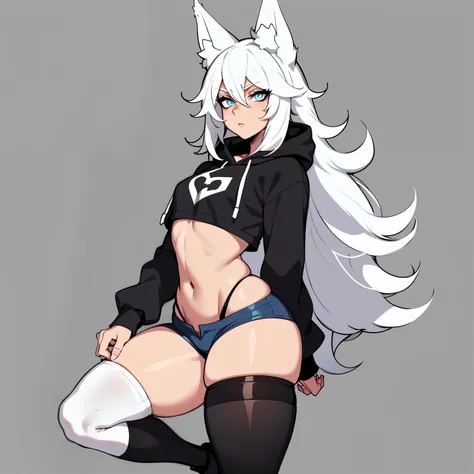 Single boy, Anime Femboy, Short, Long white hair, wolf ears, wolf tail, blue eyes, wearing short shorts, thigh high socks, black combat boots, wearing cropped black hoodie, flat chest, super flat chest, solo femboy, only one femboy ((FLAT CHEST)), wide hip...