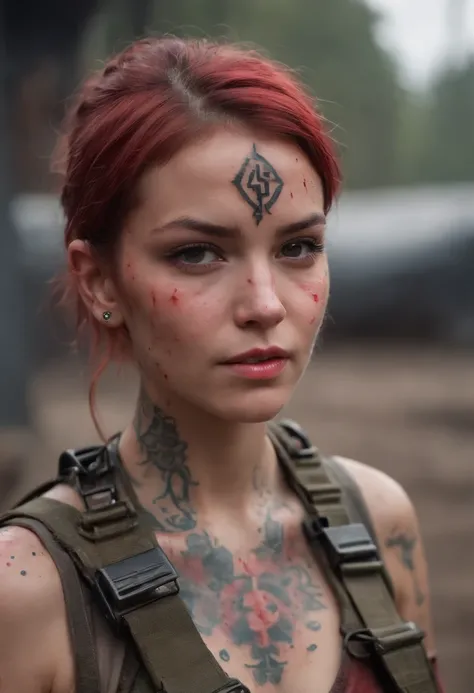 Postapocalyptic combat scene with a Beautiful hyperrealistic photograph of cute Young Maui woman (((with Runic tattoos as a Combat Medic))), ((dirty face Blood splattered)), (((wearing Red Light Assault mecha armor, combat harness, Neon highlights))) Short...