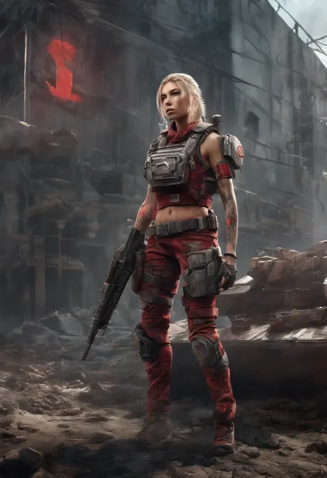 Postapocalyptic combat scene with a Beautiful hyperrealistic photograph of cute Young Maui woman (((with Runic tattoos as a Combat Medic))), ((dirty face Blood splattered)), (((wearing Red Light Assault mecha armor, combat harness, Neon highlights))) Short...