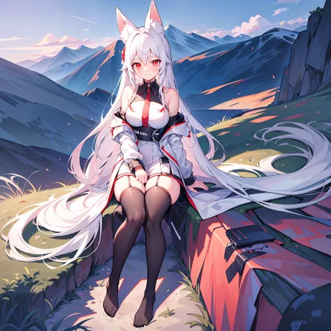 girl, young, full body, red eyes, white long hair, fox ears, black collar, white oversized jacket, off shoulder, white shirt, black long tie, normal body proportion, black platted mini skirt, black stockings, thighs collar, breathtaking scenery, masterpiec...