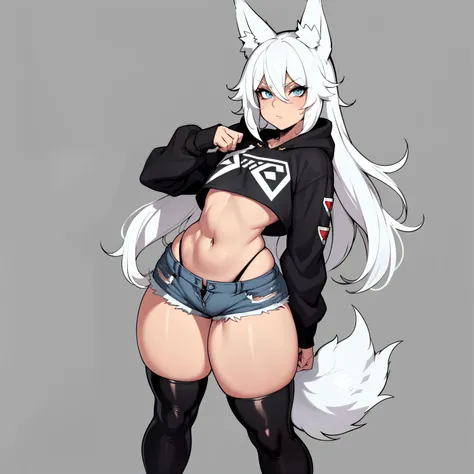 Single boy, Anime Femboy, Short, Long white hair, wolf ears, wolf tail, blue eyes, wearing jean short shorts, thigh high socks, black combat boots, wearing cropped black hoodie, flat chest, super flat chest, solo femboy, only one femboy ((FLAT CHEST)), wid...