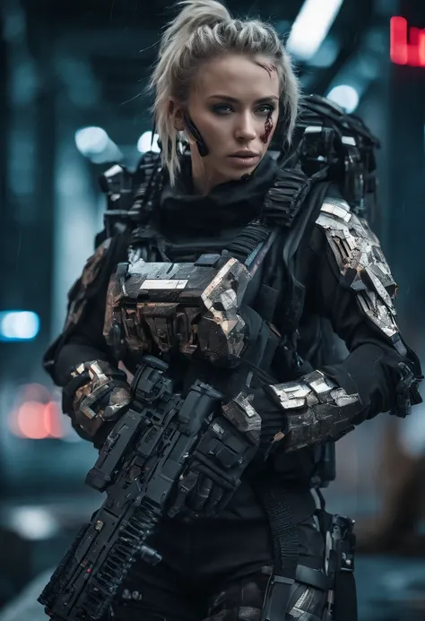 Beautiful hyperrealistic photograph of cute Young Swedish woman with Runic tattoos, ((dirty face Blood splattered)), (((wearing full heavy mecha armor, combat harness, Neon highlights))) Short Red Dreadlocks, (((sitting on a Futuristic Tank pose))), (exter...