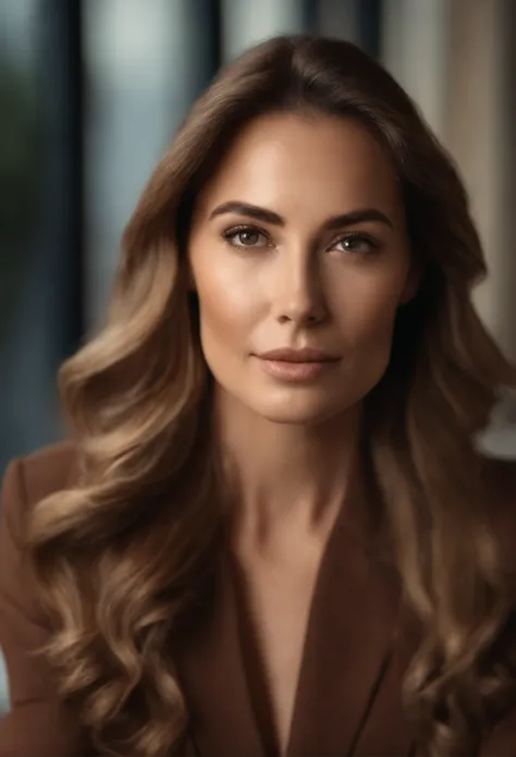 a cinematic ultrarealistic portrait of an elegant executive woman with long brown wave hair sitting on an elegant office in London. Soft sunlight gracefully illuminates the subjects face and hair, casting a dreamlike glow.