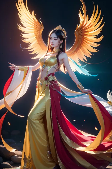 The phoenix pose shows unparalleled elegance and opulence in appearance，Breathtakingly beautiful。It is tall and elegant，The wings spread gorgeously。The plumage is bright red、de cor laranja、Yellow、Composed of purple and other colors，Exudes a mesmerizing glo...