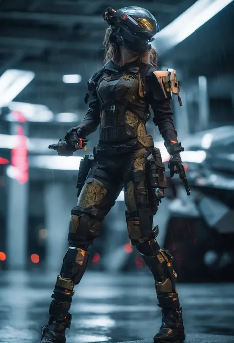 Beautiful hyperrealistic Combat Scene with a cute Young Swedish woman with Runic tattoos, ((dirty face Blood splattered)), (((wearing full heavy mecha armor, combat harness, Neon highlights))) Short Red Dreadlocks, (((sitting on a Futuristic Tank pose))), ...