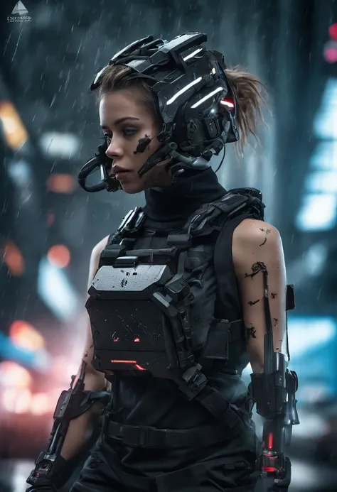 Beautiful hyperrealistic Combat Scene with a cute Young Swedish woman with Runic tattoos, ((dirty face Blood splattered)), (((wearing full heavy mecha armor, combat harness, Neon highlights))) Short Red Dreadlocks, (((sitting on a Futuristic Tank pose))), ...