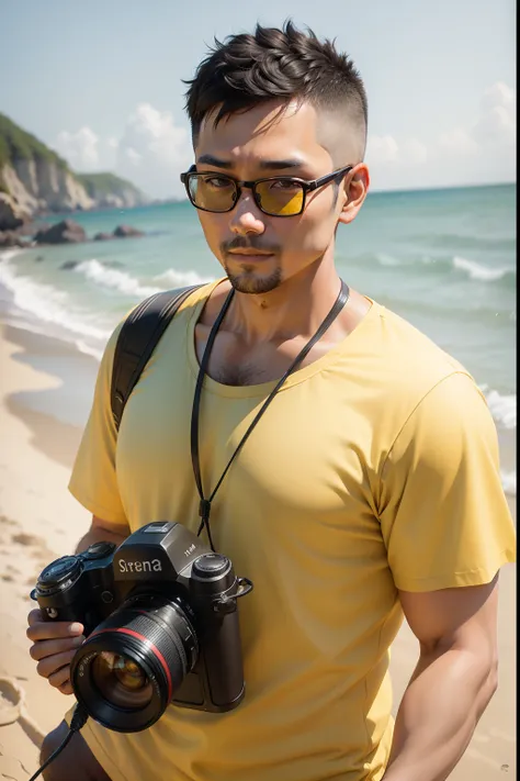 37-year-old man，Yellow-skinned，short detailed hair，Round face, wearing myopic glasses, holding a camera at the beach for photography。