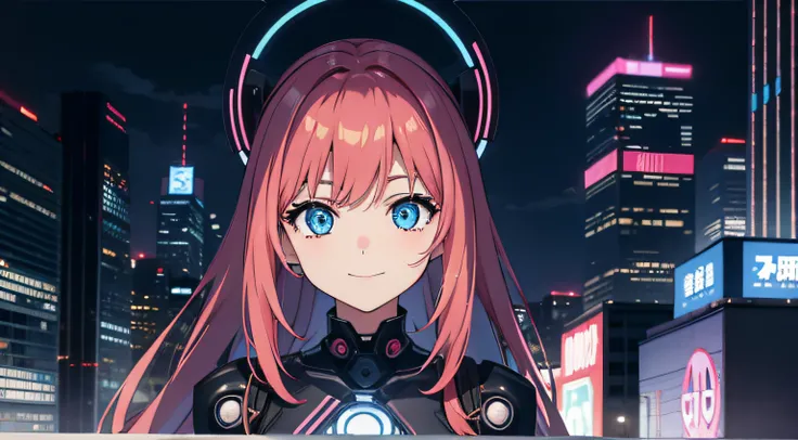 An anime-styled girl with perfect, enchanting eyes as the central character in a captivating city wallpaper, smiling expression, surrounded by a futuristic metropolis with dazzling neon lights and towering skyscrapers, creating a juxtaposition of innocence...