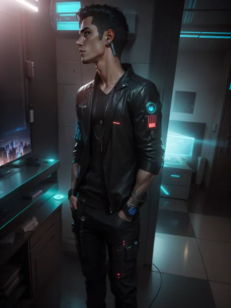 Change background cyberpunk technology handsome boy hyper realistic 8k image cyborg dress and hand