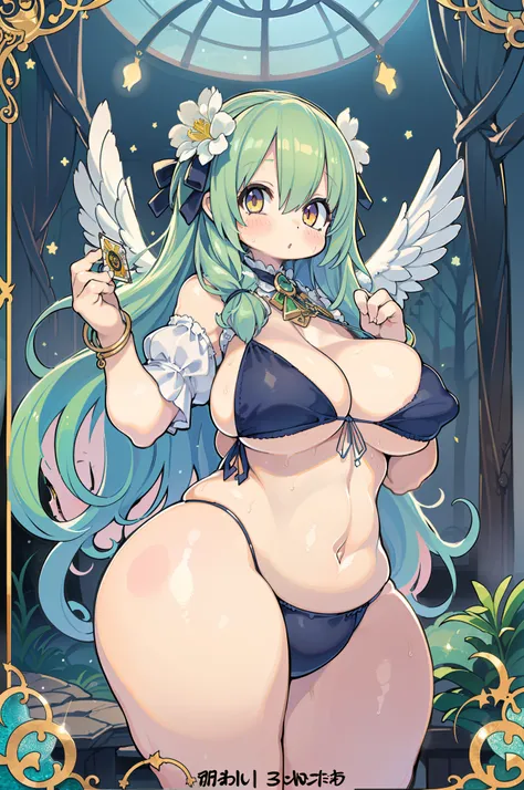 ( of the highest quality, Best Quality, Official art, Beautiful and aesthetic:1.2), (1girl in:1.3), (Fractal Art:1.3), The card, tarot, Green hair, Twin braids, Hair Flower, (good lighting:1.1), ((hight resolution)), Tarot card style,(((huge-breasted)))、th...