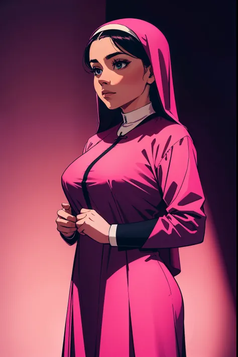 woman, wearing a pink nun suit, dark background, night time