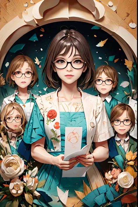 [illustration:1.3]，[paper art:1.3],[Quilted paper art:1.2],A 40-year-old teacher, Wearing glasses, (Surrounded by a dozen children), upper body lens，arte em papel cortado