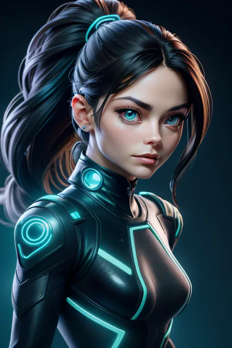 1Kristin Kreuk with a ponytail, portant une tenue futuriste du film "TRON". De magnifiques yeux verts. Kinematic light. extremly detailed. circuit de jeux de "TRON" dans le background,