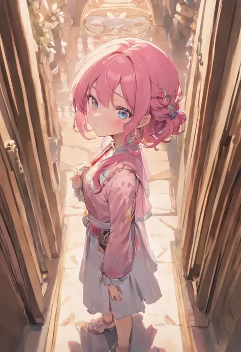 Masterpiece, best quality, super detailed, illustration, beautiful detailed eyes, close up, 1 girl, pink hair, white dress, villa doorway, standing position, face down