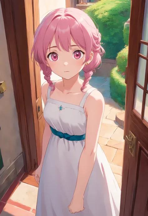 Masterpiece, best quality, super detailed, illustration, beautiful detailed eyes, close up, 1 girl, pink hair, white dress, villa doorway, standing position, face down