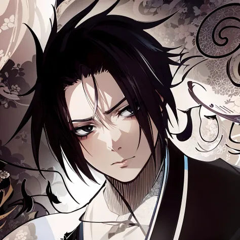 masterpiece, high quality illustration, high detailed background, male focus, black hair, black eyes, japanese clothes, kimono, expose shoulder, eyes on the side, close mouth