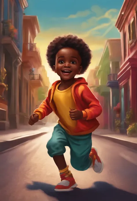 Black-skinned child with flash outfit running around town