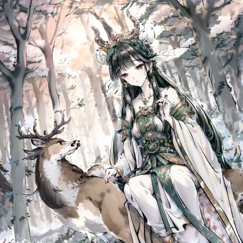 (best quality,4k,highres),realistic,portrait,woman,riding a deer,beautiful detailed eyes,soft hair,fantasy environment,enchanted forest,vibrant colors,ethereal lighting,peaceful atmosphere,fairy tale-inspired,hazy background,delicate features,harmonious co...