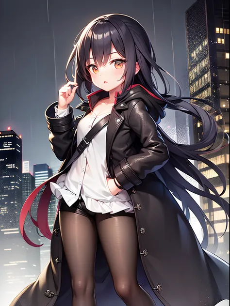 1 girl, night city, rain, coat, hands in pockets