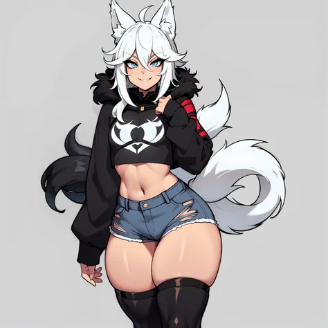 single boy, anime femboy, short, long white hair, wolf ears, wolf tail, blue eyes, wearing jean short shorts, thigh high socks, ...