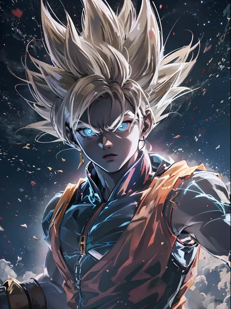 Imagem de GOKU SUPERIOR INSTINCT com cabelos brancos, Efeito preto e branco ao redor do corpo, Dark blue sky scenery with stars, imagem detalhada, ultra realistic, anime version, Explosions and cinematic effects