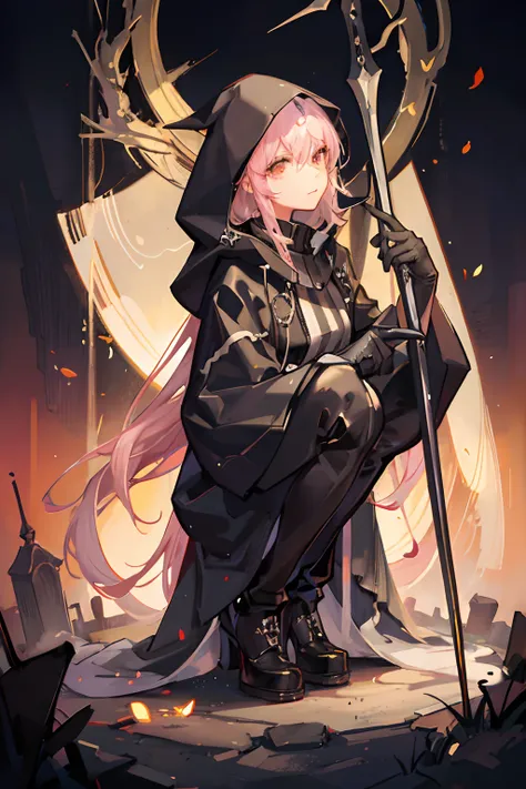 Cute hooded hooded grim reaper shrouded in dark mist,Wielding a scythe,Emerge from the swirling shadows.,Emerge from the swirling shadows.Stand in the Cemetery of Forgotten Souls.(Light brown and pink striped hair:1.3,),Perfect face,Proper body proportion,...