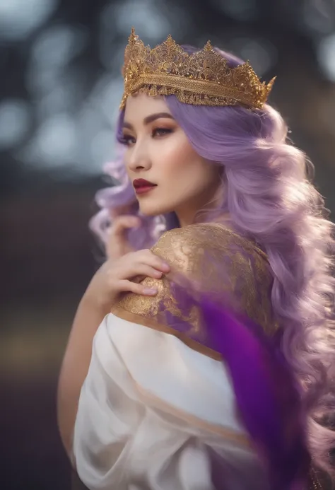 32k （tmasterpiece ，K HD | long white hair，Bright purple floating，Fire cloud pattern golden headband，Long-sleeved golden silk Chinese clothing，（abstract ink splash：1.2），smoky background，Lotus shield（realistic：1.4），Bright purple hair ，Smoke on the road，The b...