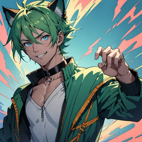 (Masterpiece, 4K resolution), cat ears, 1 boy, (((ANIME))), male focus, solo, smile, blue eyes, green hair, looking at the viewer, half-open jacket, pectoral focus, choker, unzipped jacket, ethereal background, anime face