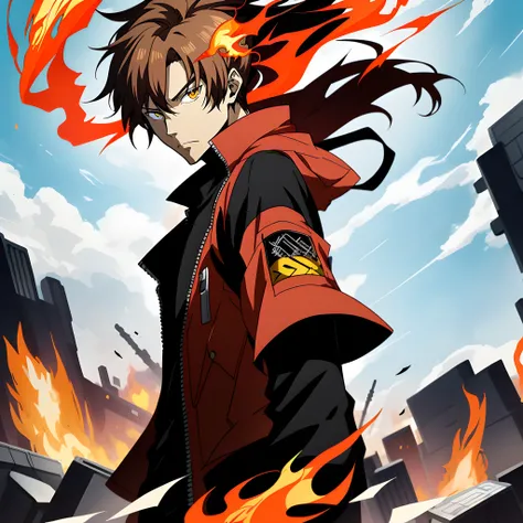 Anime characters with brown hair in black shirt，Red jacket and yellow flame, Badass anime 8 K, Key anime art, shigenori soejima illustration, hajime yatate, male anime character