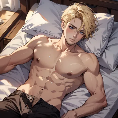 Chico musculoso alto , cabello amarillento , ojos negros , lentes de sol, tetas grandes , sudoroso , seductor,  visto desde abajo, A blonde man lying on a bed, shirtless, in his underwear, big bulge in his pants, sweaty and blushing.  short blonde hair, sh...