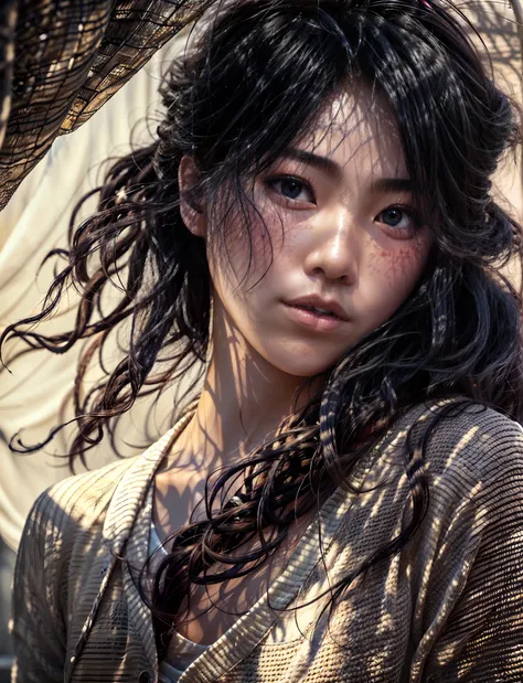 Beautiful asian girl bust closeup,Close-up,Long black hair,slightly curly hairstyle,Rich skin,Capillaries are faintly visible,Rough skin,freckles on his cheeks,A few moles,A touch of sadness,The eyes are not big,Perfect hands,Wearing a cotton and linen whi...