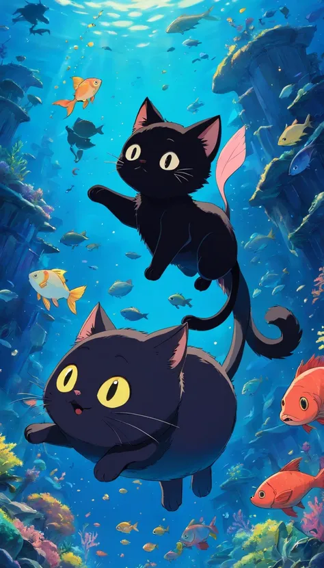 In the deep dark sea、Falling little black cat、Fish、Deep-sea fish