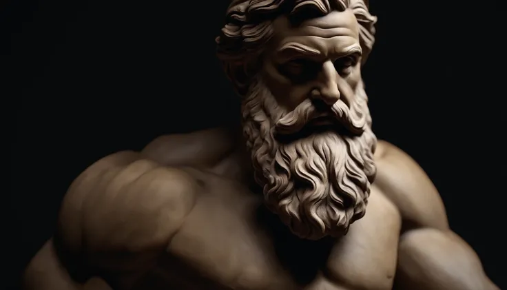 Greek philosopher muscular statue, big beard, cinematic, dark background, 8k, ultra realistic