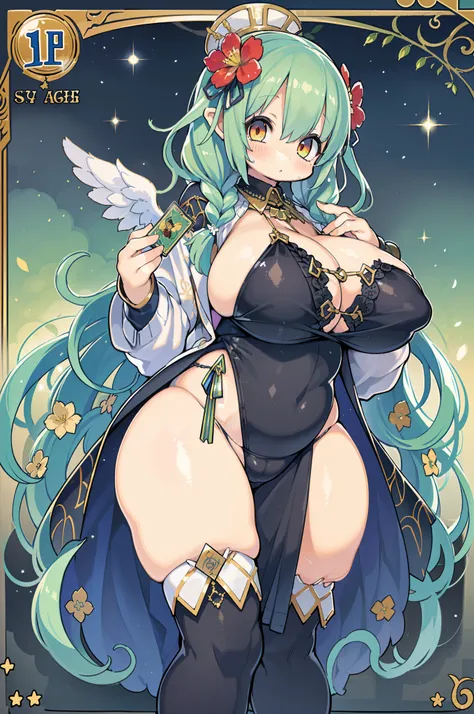 ( of the highest quality, Best Quality, Official art, Beautiful and aesthetic:1.2), (1girl in:1.3), (Fractal Art:1.3), The card, tarot, Green hair, Twin braids, Hair Flower, (good lighting:1.1), ((hight resolution)), Tarot card style,(((huge-breasted)))、th...