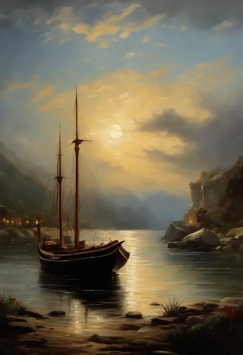 Real picture（（oil paint ））Landscape painting,acrycle painting，Brush Strokes，With unparalleled realism,ultrawide,ominous skies,Sail ships,Wooden boats,Lotus,Huge waves,Starry night,Harry Potter,voluminetric lighting,Clearing,Realistic,james gurney,art stati...